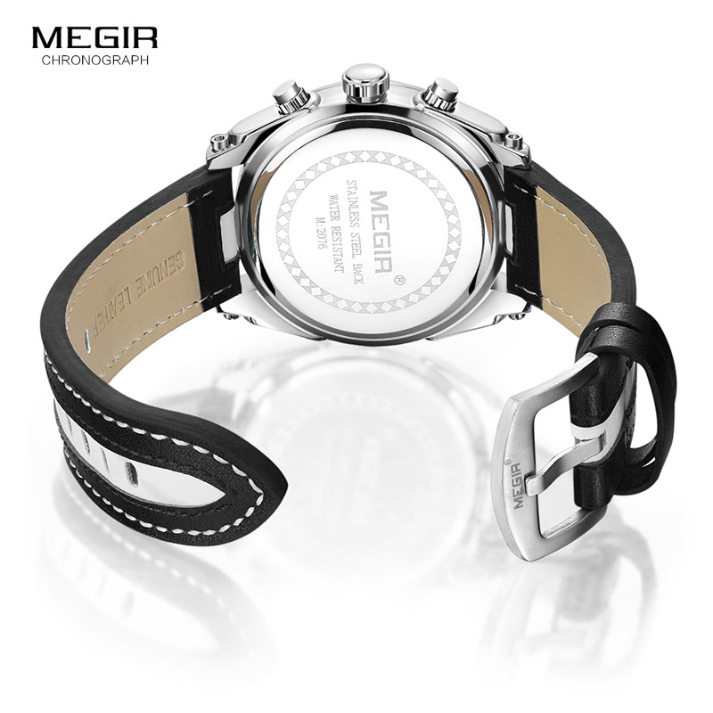 MEGIR Fashion Men's Chronograph Quartz Watches Leather Strap Luminous Hands 24-hour Sports Analogue Wristwatch for Man 2076White