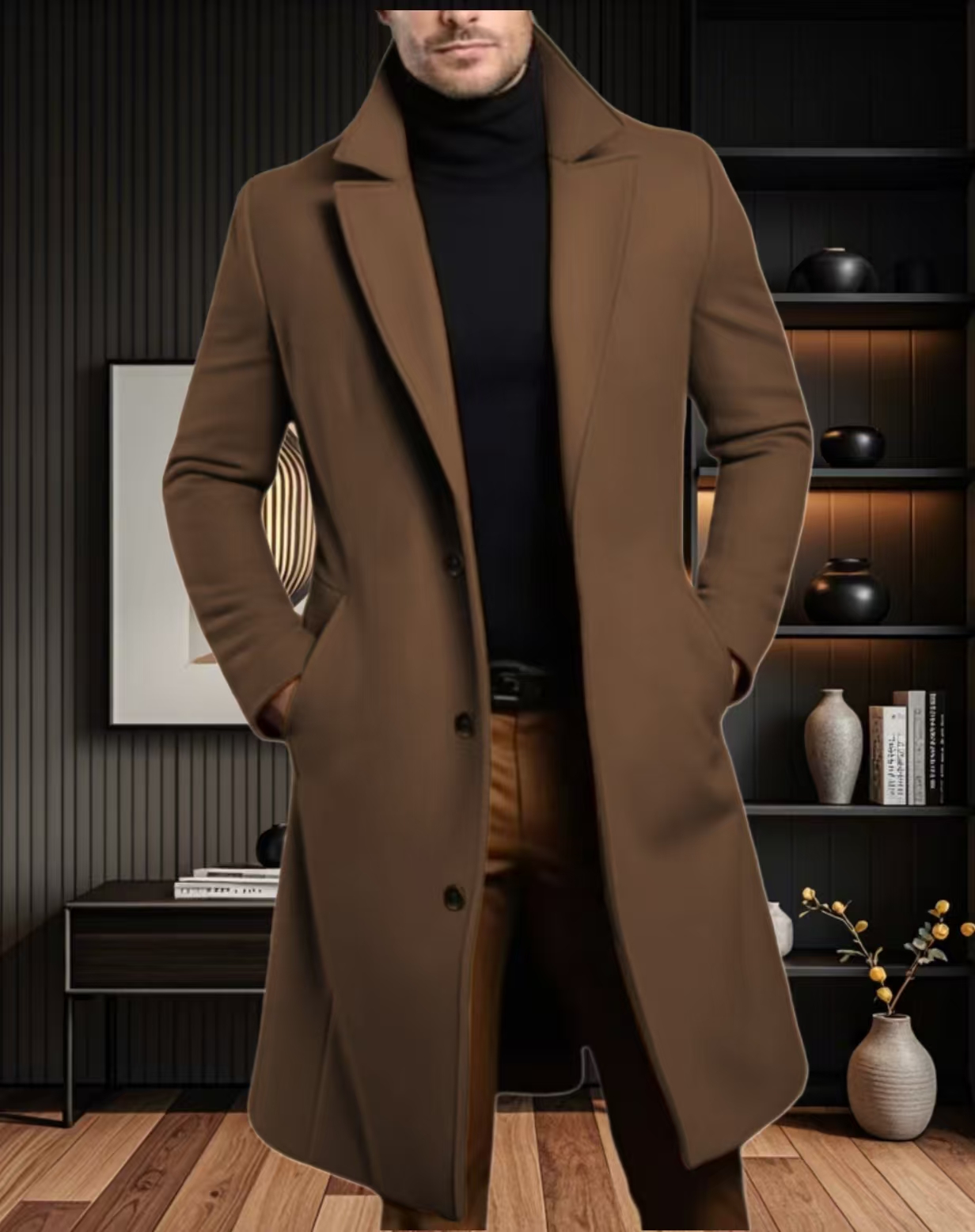 Men Lapel Coat Stylish Warm and Comfortable Black Trench Coat for Men Winter Autumn Overcoat Classic Lapel Daily Office