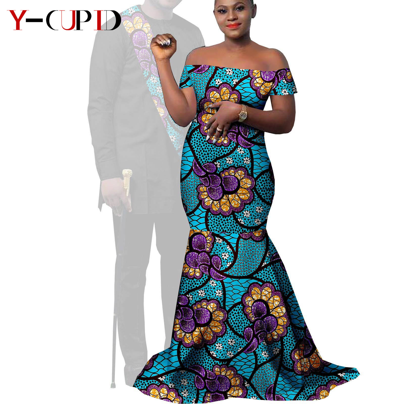 African Clothes for Couples Bazin African Print Long Dresses for Women Match Men Outfits Dashiki Top and Pants Sets Y22C023
