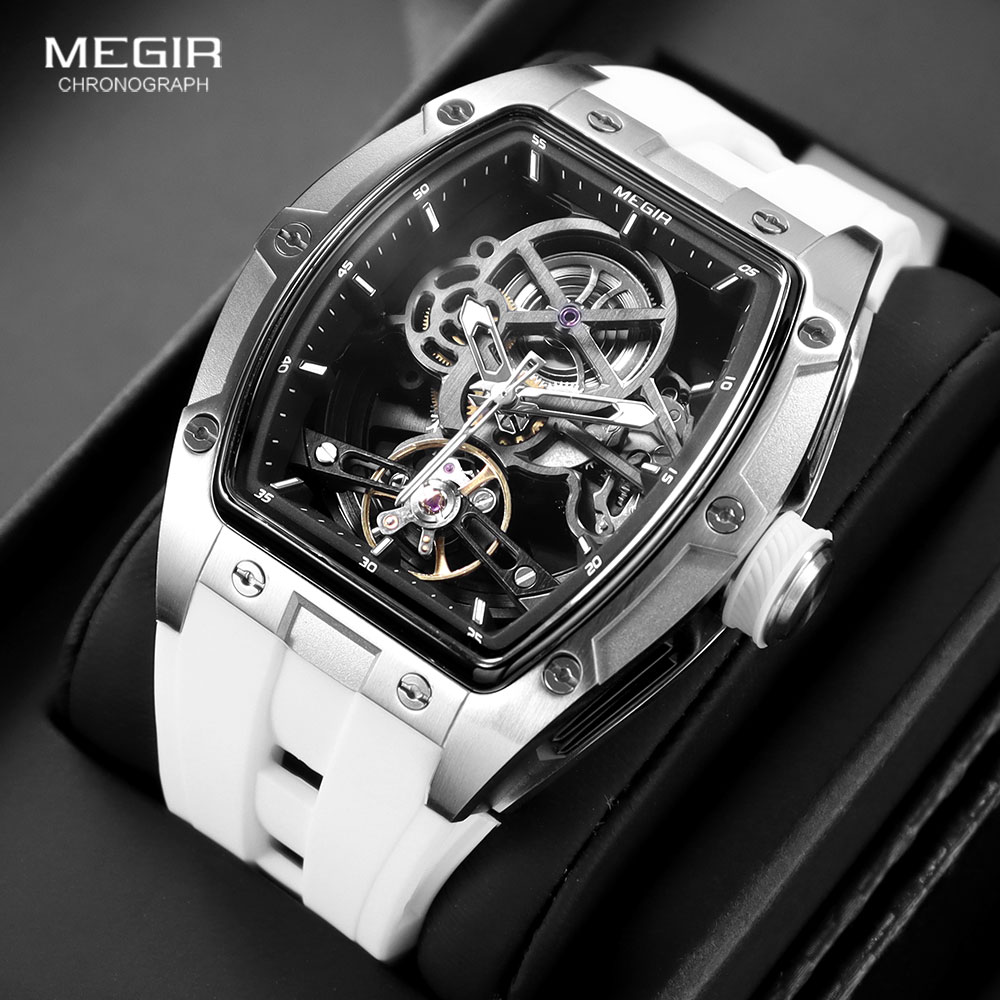 MEGIR Men's Automatic Mechanical Watch with Stainless Steel Case Silicone Band Skeleton Dial Waterproof Sport Wristwatch