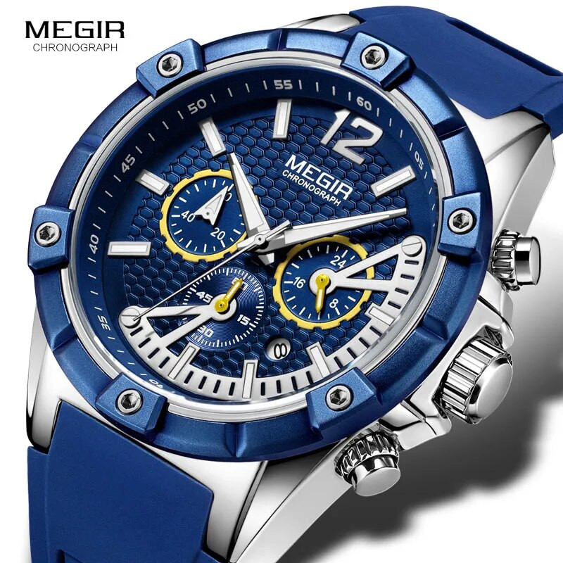 MEGIR Army Sports Waterproof Quartz Wrist Watches for Men Blue Silicone Stopwatch Relojios Masculinos Clock Luminous 2083GBE-2