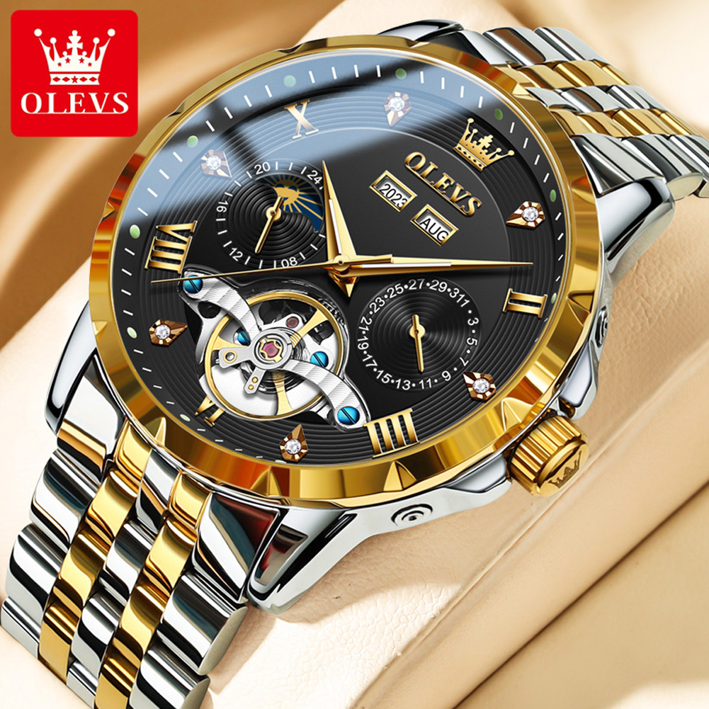 OLEVS Skeleton Multifunctional Men's Watch Automatic Mechanical Luxury Wrist Watch For Men Waterproof Stainless Steel Strap 6691