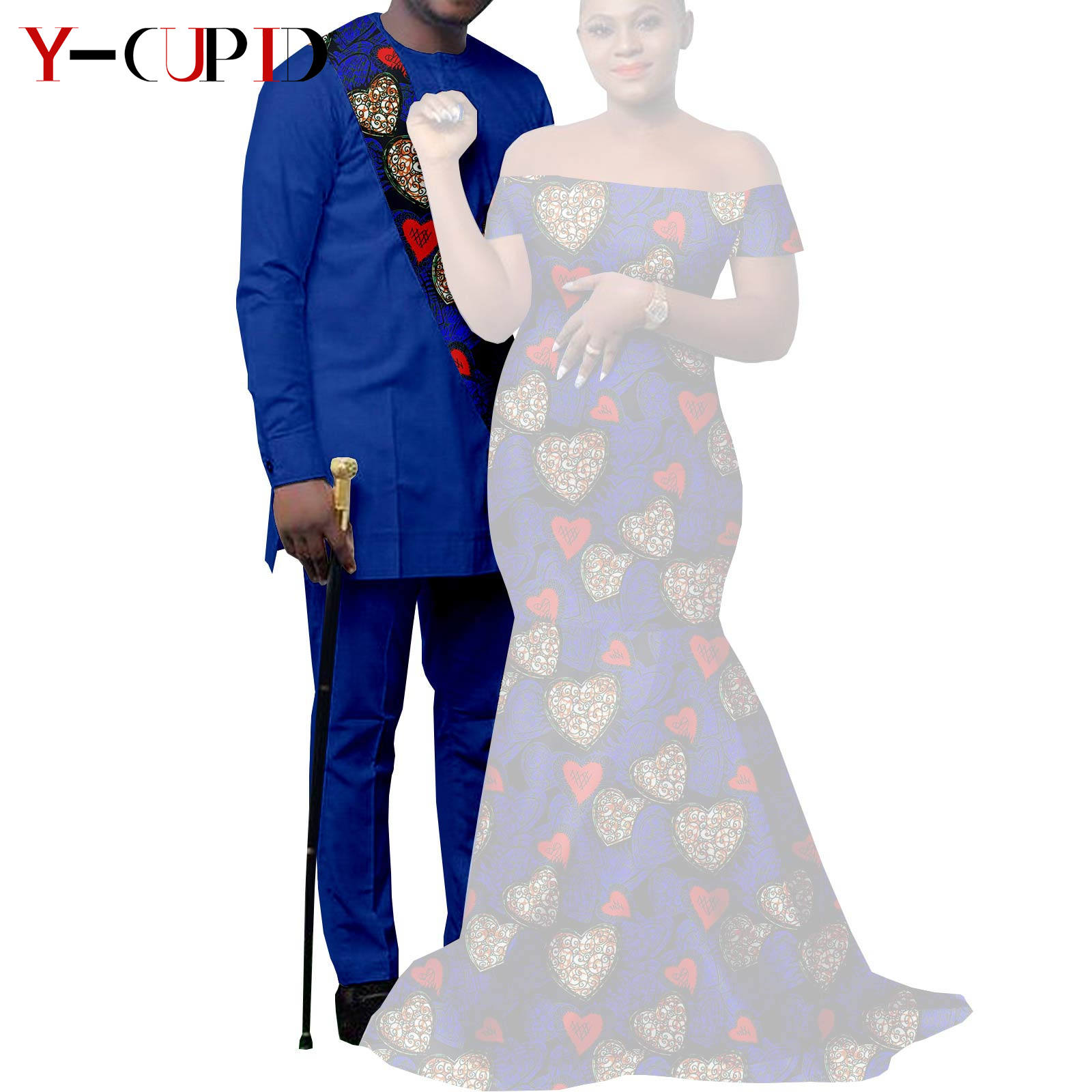 African Clothes for Couples Bazin African Print Long Dresses for Women Match Men Outfits Dashiki Top and Pants Sets Y22C023