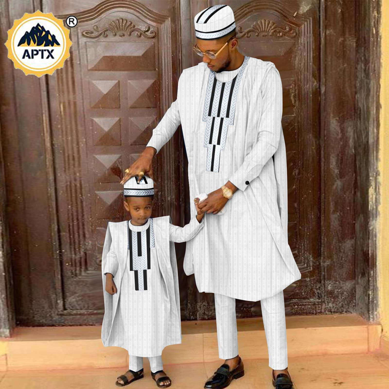 African Matching Outfit for Family Bazin Riche Muslim Sets Dashiki Father and Son Attire Agbada Robe Shirt and Pants Hat Y23F001