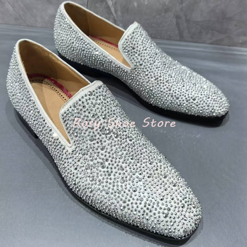 Men's Multicolor Luxury Handmade Diamond Loafers Pointed Toe Leather Rhinestones Slip On Fashion Flat Shoe Versatile Party Shoes