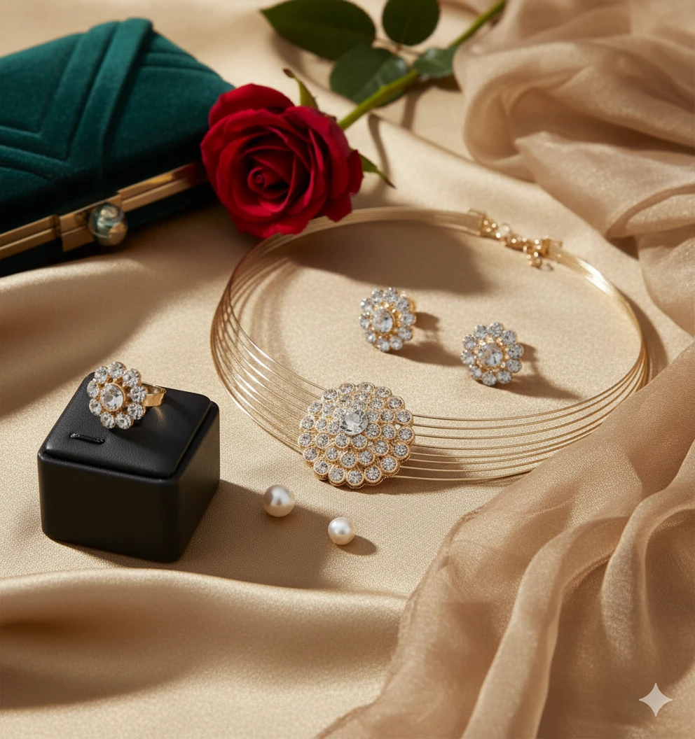 Golden Multi-Strand Choker & Crystal Flower Medallion Jewelry Set