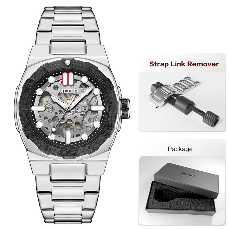 MEGIR Business Style Watch for Men Fashion Automatic Mechanical Wristwatch with Transparent Skeleton Dial & Stainless Steel Band