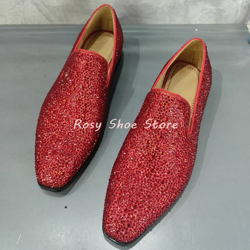 Men's Multicolor Luxury Handmade Diamond Loafers Pointed Toe Leather Rhinestones Slip On Fashion Flat Shoe Versatile Party Shoes