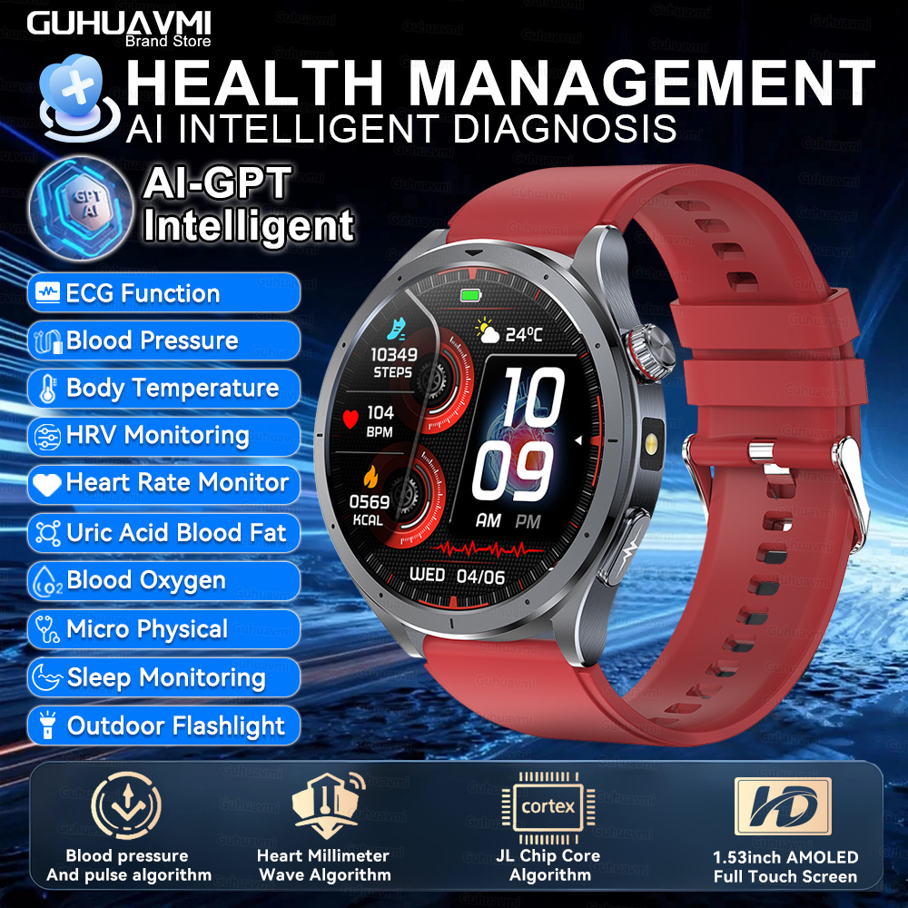 2025 New Body Fat Analysis Health Smart Watch ECG+PPG Uric Acid Blood Pressure Blood Oxygen Clock Call Smart Watch For Men Women