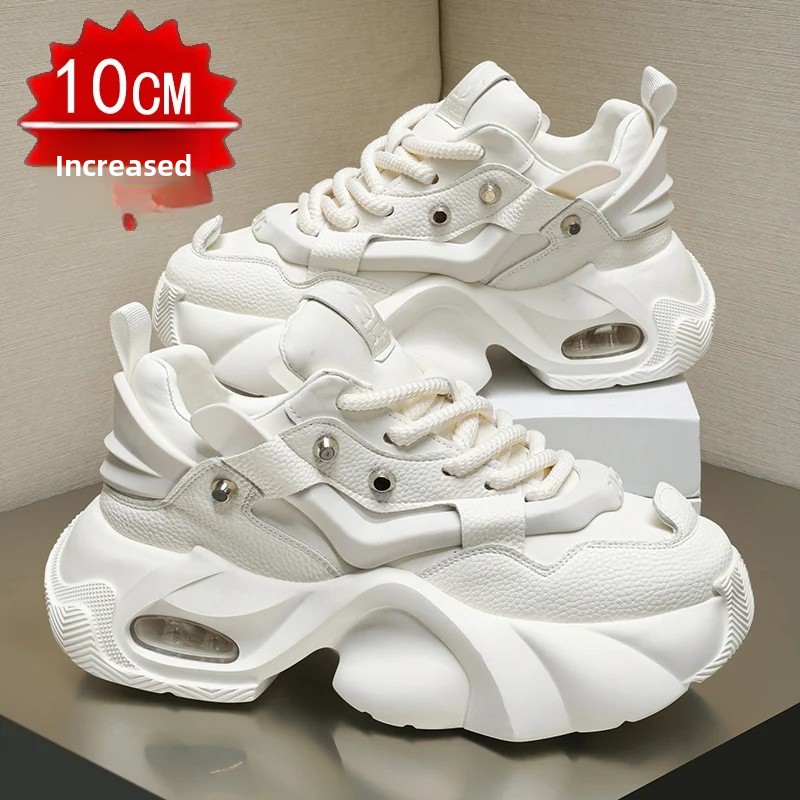 New Autumn/Winter Men's Casual Sneakers 12cm Increased Height 10cm Thick Sole White Shoes High Top Rubber Base Male Footwear