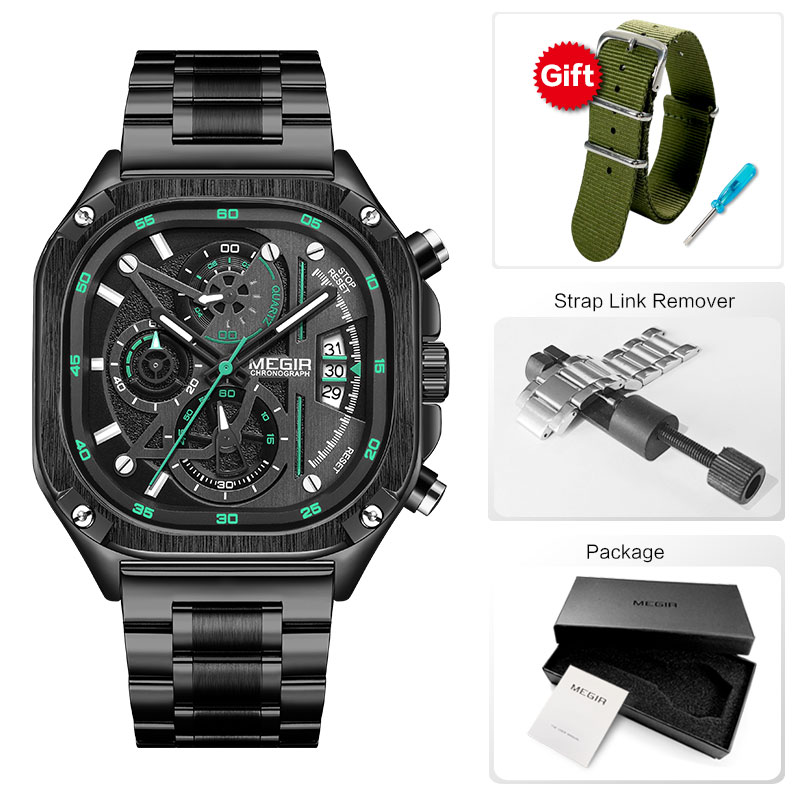 MEGIR Black Quartz Watch Men Waterproof Square Dial Wristwatch with Chronograph Stainless Steel Strap Luminous Hands Auto Date