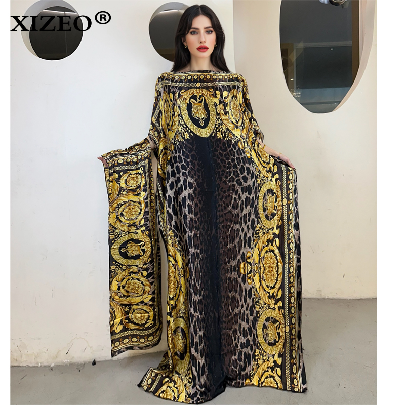 XIZEO muslim african dresses for woman dubai abaya Crew Neck Wave dot print Kaftan Dress, Elegant Maxi Length Dress, maxi dress