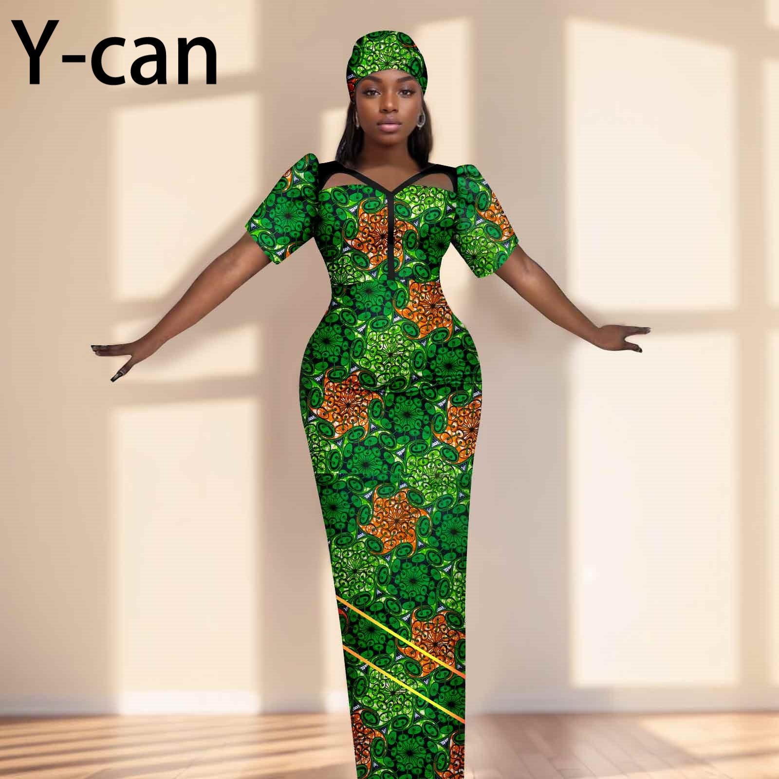 Party Gown African Dresses for Women Slim Fit Short Sleeve Dress Evening Vestidos with Headwrap Dashiki Ankara Print 2525071