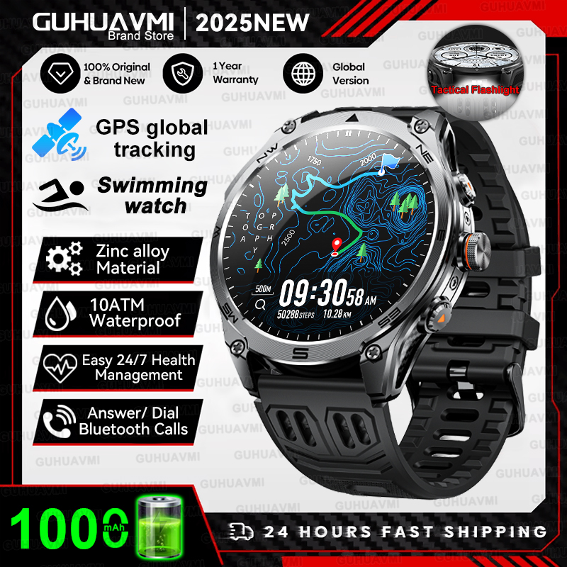 2025 New GPS SmartWatch 1000Mah Battery Compass 10ATM Waterproof Tactics Sport Flashlight BT call Smart Watch For Men For xioami