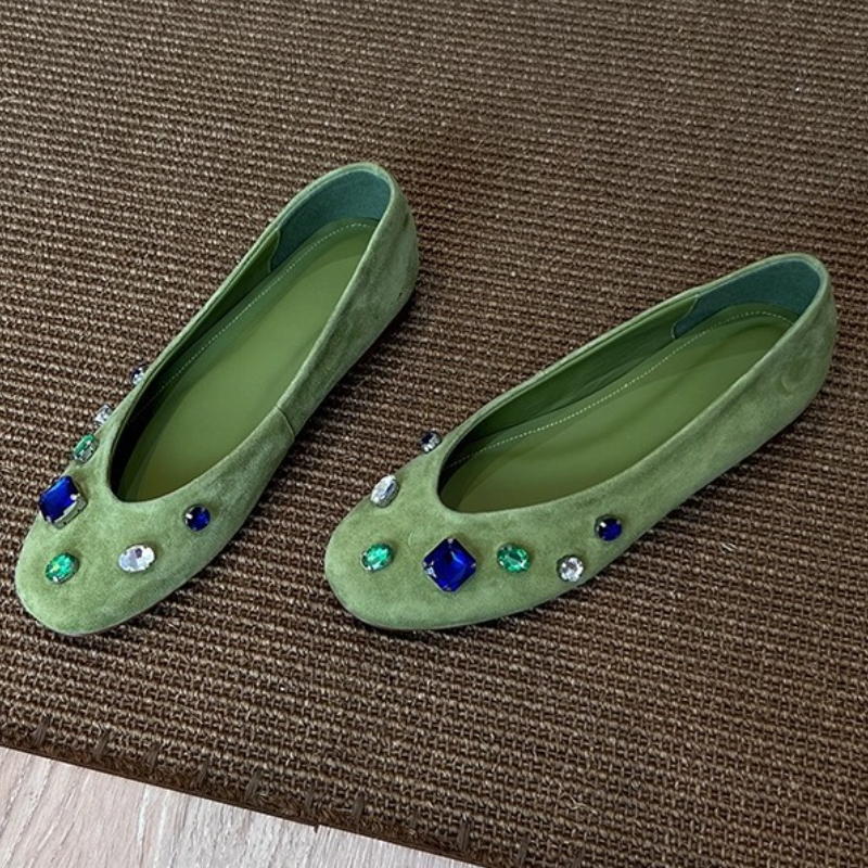 Luxury Colorful Gemstone Flats Women Comfortable Round Toe Shallow Suede Loafers for Ladies Elegant Brand Designer Casual Shoes