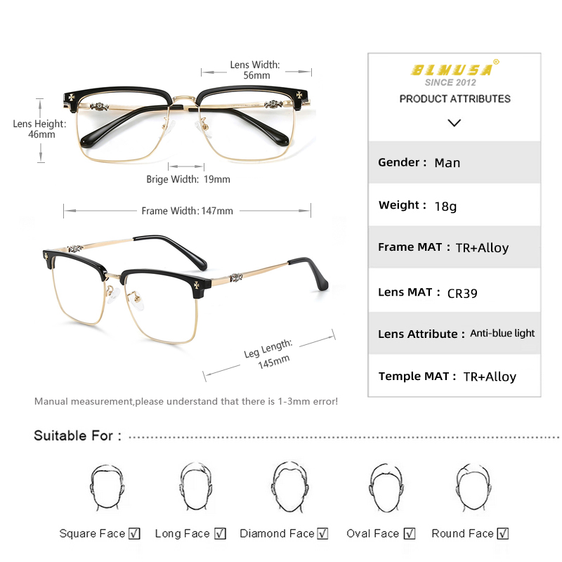 BLMUSA Men Classic Chrome Style Hearts Reading Glasses Anti Blue Light Myopia Glasses Photochromic Prescription Optical Eyewear