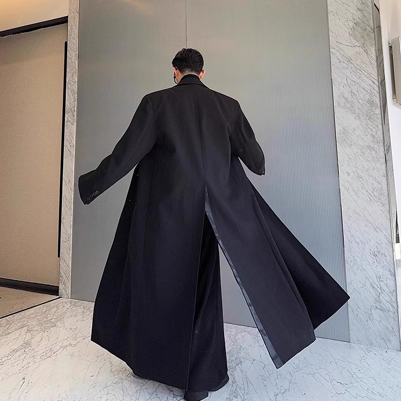 Mauroicardi Spring Autumn Extra Logn Black Oversized Flowy Soft Trench Coat for Men with Back High Slit Loose Casual Overcoat
