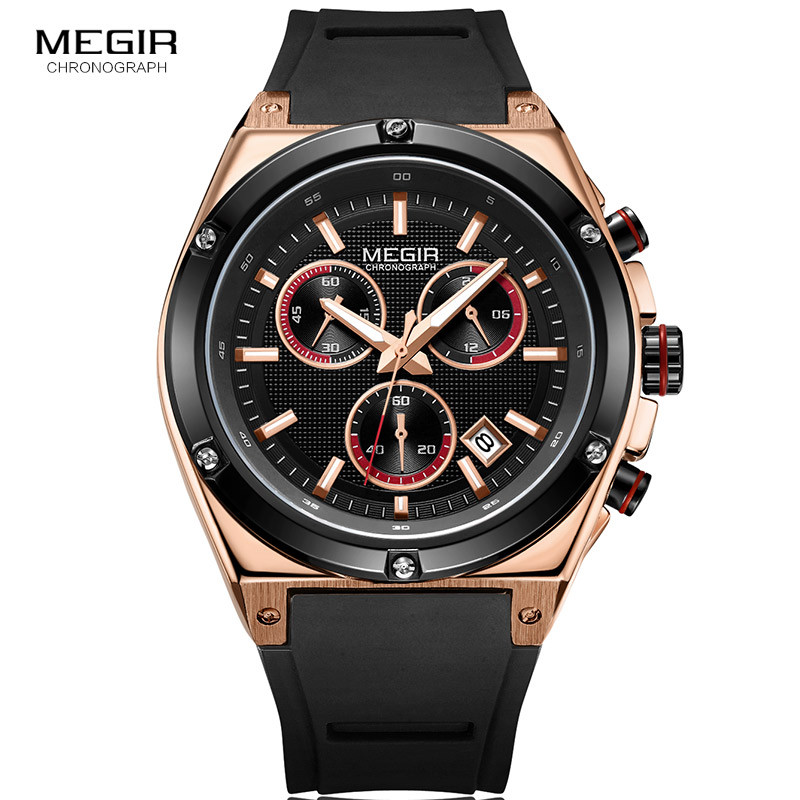 Megir Sports Silicone Chronograph Quartz Watches Army Casual Waterproof 24-hour Analogue Wristwatch for Man Black Rose 2073-1N0