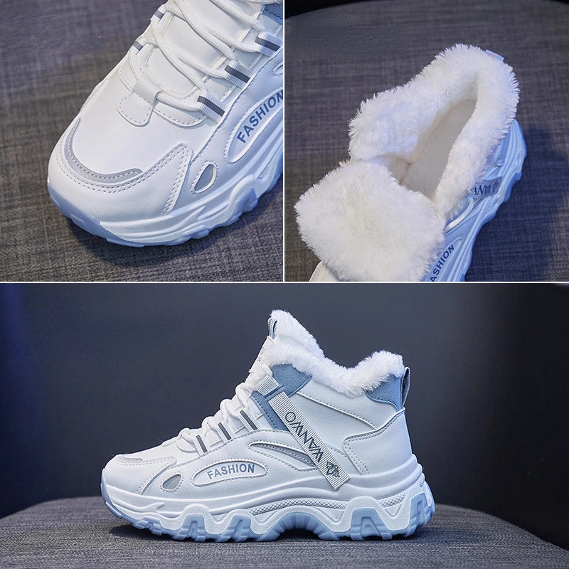 Women's White Winter Sneakers with Plush Lining and Chunky Sole - Warm High-Top Athletic Shoes for Cold Weather zapatos de mujer