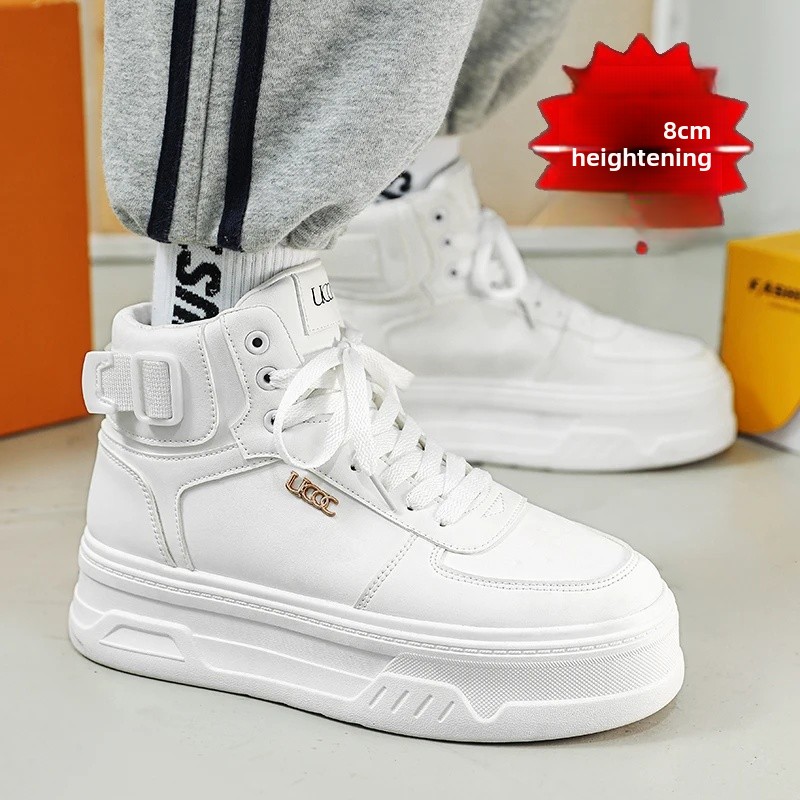 New Autumn/Winter Men's Casual Sneakers 12cm Increased Height 10cm Thick Sole White Shoes High Top Rubber Base Male Footwear