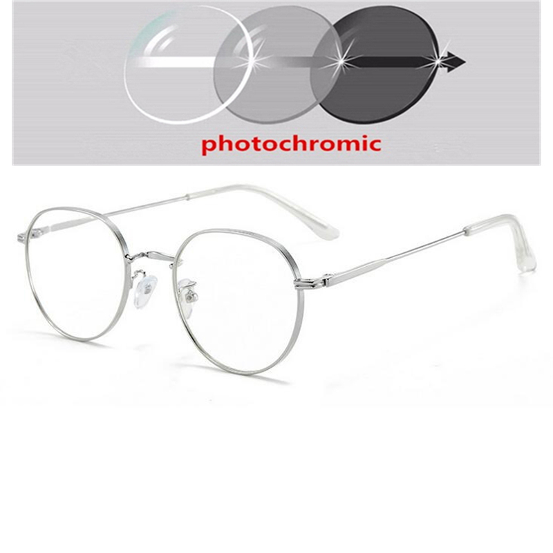 Metal Anti Blue Light Polygon Myopia Glasses Finished Women Men Photochromic Gray Prescription Eyeglasses 0 -50 -75 -100 To -400