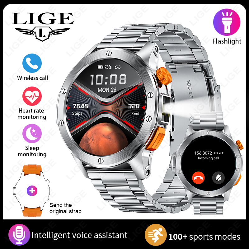LIGE Fashion Smart Watch Men Voice Assistant Bluetooth Call Heart Rate Monitoring IP68 Waterproof LED Flashlight Men SmartWatch