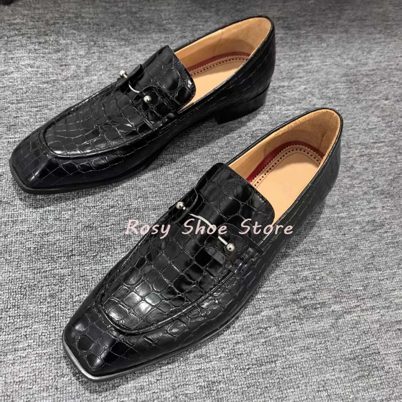 Men's Black Exquisite Crocodile Embossed Leather Shoes Fashion Silver Jewelry Embellishment Slip On Square Heel Business Shoes