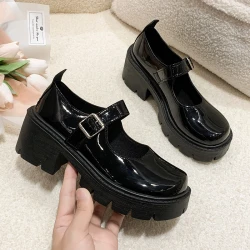Thick-soled Small Leather Shoes for Women's Spring 2025 New Retro Round Head One-word Buckle Single Shoes