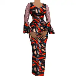 Women African Outfits 2 Pieces Set Shiny Flare Sleeves V Neck Tops and Long Pencil Skirts African Clothes for Women WY9972
