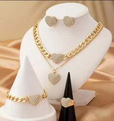 Golden Pave Crystal Heart & Curb Chain Link Jewelry Set