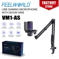 FEELWORLD VM1-AS USB Condenser Gaming Microphone for Streaming Noise Cancellation Mute RGB Light Boom Arm Stand