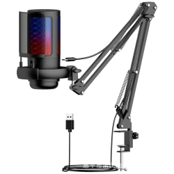 USB Condenser Microphone RGB Esports Game Call Recording Condenser Mic with Metal Boom Stand Desktop Mic for Studio Recording