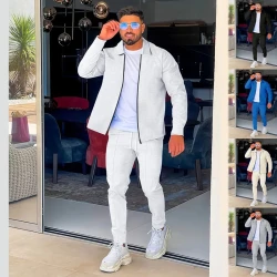 New Spring Men's long sleeved waffle suit with lapel zipper casual sports suit