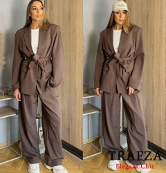 TRAFZA Women Elegant Loose Suit Brown Pocket Belted Blazer Tailored Pants New 2025 Spring French Romantic Commuter Blazer Set