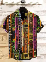 Vintage African Style Men's Shirts Ethnic Tribal Short Sleeve Shirts Tops Fashion Casual Vacation Button Down Blouse 2025 New