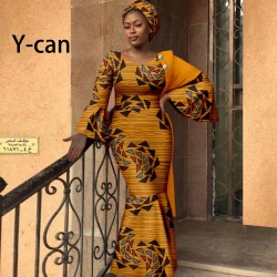 African Women Dresses Dashiki Ankara Print Slim Long Dress with Headwrap Bazin Riche Ladies Outftis Party Vestidos Y2225023