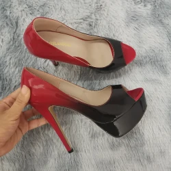 2025 New Women Pumps Sexy Platform Peep Toe 14cm Extremely High Heels Stiletto Patent Leather Party Nighclub Red Wedding Shoes