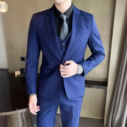2024 new striped (suit + vest + trousers) three-piece slim-fit trend Korean version of fashion and handsome business wedding sui
