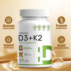 Vitamin D3 + K2 2 In 1 Support Assist Calcium Absorption Promote Healthy Bones Enhance Immunity 120 Pcs Soft Capsules