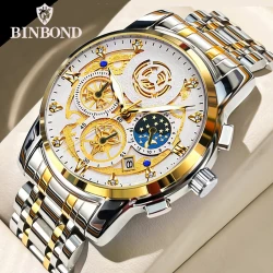 BINBOND B4010 Fashion Casual Quartz Men Watch Stainless Steel Strap Luxury Dial Luminous 30M Waterproof Business Men Wristwatch