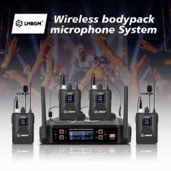 LMBGM-D44 Wireless Microphone System 4 Channel Lavalier/Headset Mic UHF Fixed Dual Band Wireless Set for Church Wedding Party