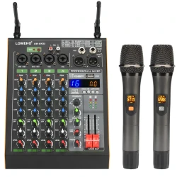 LOMEHO 4 Channel Mixing Console 16 Effect Bluetooth Sound Audio Mixer with 2 Adjustable Frequency Wireless Microphone AM-AKS2