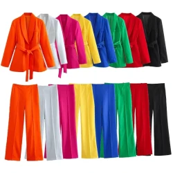 Woman's Bow Belt Blazer Pants Suit Lapel Long Sleeve Slim Jacket Coat High Waist Vertical Straight Leg Pants New Female Chic Set
