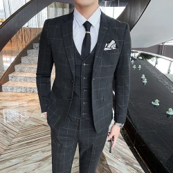 (Blazers + Pants + Vest) New Men Business Social Slim Fit Checkered Suit Male Wedding Ball Party Striped Tuxedo Dress 3Piece Set