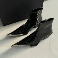 2025 Side Zipper Fashion Women's Ankle Boots Metal Pointed Toe Ladies Shoes Crude Heel Western Cowboy Boots