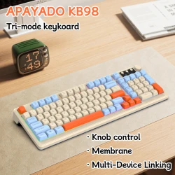 Wireless Gaming Membrane Keyboard 98 Keys Tri-Mode Bluetooth 2.4G Wired RGB Backlit Large Battery PBT Keycaps with Knob