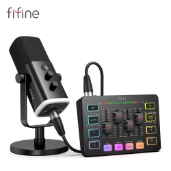 FIFINE All-in-One Podcast Kit with RGB Audio Mixer,Streaming Studio Set with Dynamic Mic for PC Gaming Recording-Ampligame KS5