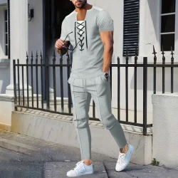 Men's new casual V-neck waffle wear rope short-sleeved trousers two-piece men's fashion outdoor sweatshirt men's clothing set