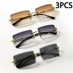 3PCS Fashion Rimless Sunglasses Women Trendy Small Rectangle Sun Glasses  Summer Traveling Style Brown Shades for men