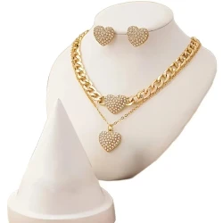 Diamond-Encrusted Heart Lock Pendant Necklace - Three-Piece Hip Hop Style Choker Set